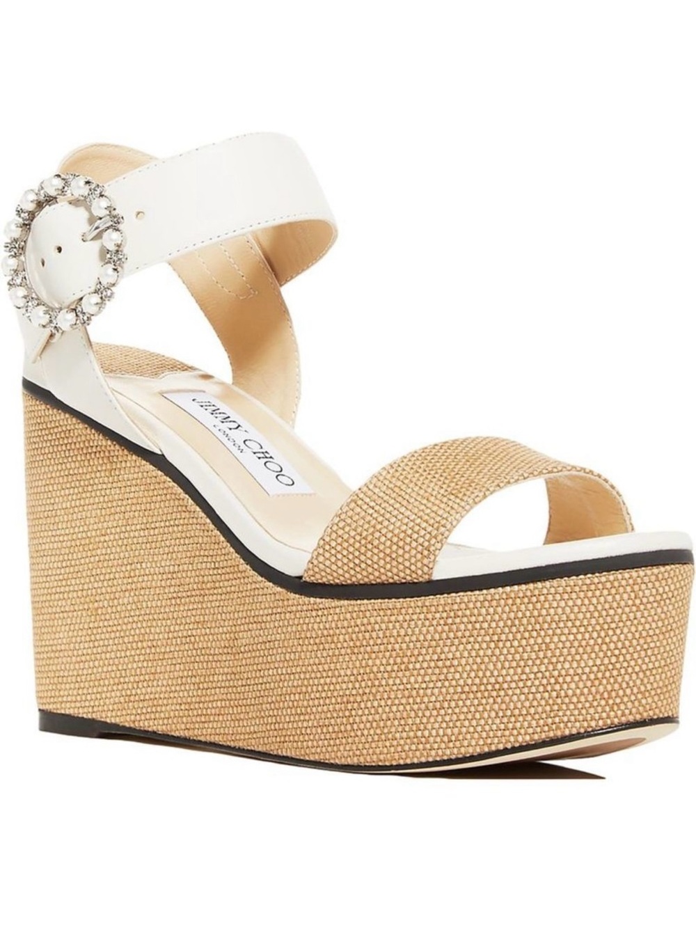 Jimmy Choo Abigail 100 Ivory Pearl Detail Ankle Strap Espadrille Wedges 39